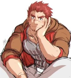 Rule 34 | 1boy, akashi (live a hero), bara, crossed legs, elbow rest, facial hair, goatee, highres, large pectorals, live a hero, long sideburns, looking at viewer, male focus, muscular, muscular male, official alternate costume, ose, pants, pectoral cleavage, pectorals, red eyes, red hair, scar, scar on face, short hair, sideburns, solo, sunfight0201, thick eyebrows, unfinished