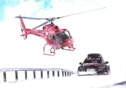 Rule 34 | absurdres, aircraft, audi, audi rs6, ballpoint pen (medium), car, cloud, commentary, english commentary, flying, guard rail, helicopter, highres, license plate, motor vehicle, no humans, original, pavlo scherbatyuk, sky, snow, traditional media, vehicle focus