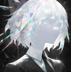 Rule 34 | 1other, androgynous, black background, black necktie, black shirt, blue eyes, collared shirt, colored eyelashes, commentary request, crystal, crystal hair, diamond (houseki no kuni), expressionless, eyelashes, gem, gem uniform (houseki no kuni), hair between eyes, ham melon (iloha 24), houseki no kuni, looking at viewer, multicolored hair, necktie, pale skin, parted lips, portrait, rainbow hair, shirt, short hair, sidelocks, solo, upper body, white shirt, wing collar