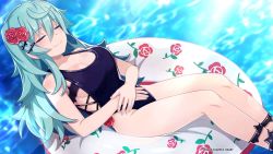 Rule 34 | 1girl, blue one-piece swimsuit, blush, breasts, flower, green hair, hair between eyes, hair flower, hair ornament, highres, innertube, mary skelter, messy hair, nanameda kei, ocean, one-piece swimsuit, sleeping beauty (mary skelter), smile, solo, source request, swim ring, swimsuit