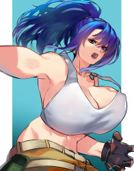 Rule 34 | 1girl, bare shoulders, belt, blue eyes, blue hair, breasts, camouflage, camouflage pants, cleavage, dog tags, gloves, highres, huge breasts, large breasts, leona heidern, long hair, negresco, no bra, pants, solo, tank top, the king of fighters, the king of fighters xiv, the king of fighters xv, white tank top