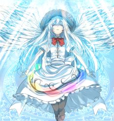 Rule 34 | 1girl, alternate color, alternate hair color, angel wings, apron, black legwear, blue background, boots, bow, dress, closed eyes, feathered wings, floating, frilled dress, frills, from below, g-tenko-r, hat, highres, hinanawi tenshi, light rays, long hair, m.u.g.e.n, open hands, outstretched arms, parted lips, patterned background, rainbow order, rion (glayjirobass), short sleeves, solo, touhou, very long hair, white dress, white hair, white wings, wings