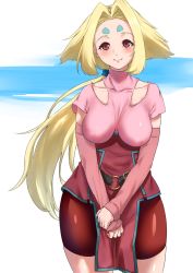 Rule 34 | 1girl, bad id, bad pixiv id, belt, blonde hair, breasts, facial mark, fiona (zoids), forehead mark, hair intakes, highres, huuuna, large breasts, long hair, ponytail, puffy nipples, red eyes, ribbon, simple background, smile, solo, very long hair, zoids, zoids chaotic century