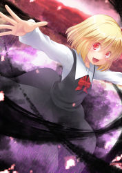 Rule 34 | black skirt, black vest, blonde hair, bow, collared vest, darkness, fang, long sleeves, open mouth, outstretched arms, red bow, red eyes, rumia, shirt, short hair, skirt, skirt set, solo, spread arms, touhou, umarutsufuri, vest, white shirt