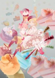 Rule 34 | 10s, 1boy, 1girl, bad id, bad pixiv id, blonde hair, boots, cake, carrying, charlotte (madoka magica), dessert, food, fruit, gender request, genderswap, gloves, gun, hanamiboshi, hat, highres, kaname madoka, magical boy, magical girl, mahou shoujo madoka magica, mahou shoujo madoka magica (anime), pink eyes, pink hair, princess carry, rifle, short twintails, strawberry, striped clothes, striped legwear, striped thighhighs, sweets, thighhighs, tomoe mami, twintails, vertical-striped clothes, vertical-striped legwear, vertical-striped thighhighs, weapon, yellow eyes