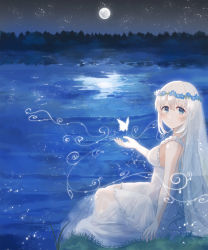 Rule 34 | 1girl, bad id, bad pixiv id, bare arms, bare shoulders, blue eyes, blush, breasts, bug, butterfly, chihuri, dress, fingernails, frilled dress, frills, full moon, grass, hair between eyes, highres, insect, lake, long hair, looking at viewer, looking back, medium breasts, moon, night, night sky, on grass, original, outdoors, parted lips, see-through, silver hair, sitting, sky, sleeveless, sleeveless dress, soaking feet, solo, star (sky), starry sky, veil, very long hair, water, wet, wet clothes, wet dress, white dress