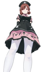 Rule 34 | 1girl, alternate costume, blouse, blurry, breast pocket, commentary, depth of field, dress, from below, hair ornament, hairclip, hat, highres, higuchi madoka, idolmaster, idolmaster shiny colors, looking at viewer, looking down, mole, mole under eye, nurse, nurse cap, pantyhose, parted bangs, pinafore dress, pink shirt, pocket, shirt, short sleeves, simple background, sleeveless, sleeveless dress, solo, standing, swept bangs, symbol-only commentary, tagme, thighs, white pantyhose, x hair ornament, yd (orange maru)