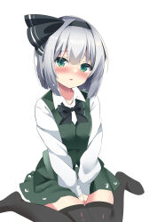 Rule 34 | 1girl, 9150namihana, absurdres, between legs, black bow, black bowtie, black hairband, black ribbon, black thighhighs, blush, bow, bowtie, breasts, collared shirt, commentary request, full body, green eyes, green skirt, green vest, grey hair, hair ribbon, hairband, hand between legs, highres, hitodama print, konpaku youmu, long sleeves, looking at viewer, no shoes, nose blush, open mouth, ribbon, shirt, short hair, simple background, sitting, skirt, skirt set, small breasts, solo, thighhighs, touhou, vest, wariza, white background, white shirt