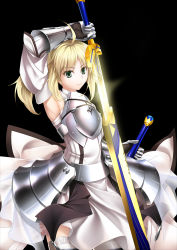 Rule 34 | 1girl, ahoge, armor, armored dress, artoria pendragon (fate), aru1025330, avalon (fate/stay night), bad id, bad pixiv id, bare shoulders, blonde hair, caliburn (fate), capcom, detached sleeves, drawing sword, dress, excalibur (fate/stay night), fate/stay night, fate/unlimited codes, fate (series), faulds, gauntlets, glowing, glowing sword, glowing weapon, green eyes, holding, holding sword, holding weapon, long hair, ponytail, saber (fate), saber lily, sheath, solo, sword, unsheathing, weapon