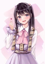 Rule 34 | 1girl, :d, black hair, bow, collared shirt, commentary request, copyright request, dress shirt, earrings, finger heart, flower, flower earrings, grey background, grey eyes, hair flower, hair ornament, hand up, head tilt, highres, jewelry, long hair, long sleeves, looking at viewer, open mouth, pink background, pink bow, pink flower, pleated skirt, puffy long sleeves, puffy sleeves, purple flower, sakura hiyori, shirt, skirt, sleeves past wrists, smile, teeth, two-tone background, upper teeth only, white shirt, white skirt