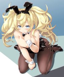Rule 34 | 1girl, animal ears, bare shoulders, black footwear, black leotard, black pantyhose, blonde hair, blue eyes, blush, bow, bowtie, breasts, cleavage, dd (ijigendd), detached collar, fake animal ears, full body, gambier bay (kancolle), hair between eyes, high heels, highres, kantai collection, large breasts, leotard, long hair, looking at viewer, open mouth, pantyhose, playboy bunny, rabbit ears, rabbit tail, side-tie leotard, solo, strapless, strapless leotard, tail, twintails, wrist cuffs