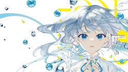 Rule 34 | 1girl, blue eyes, blue ribbon, bubble, floating hair, highres, interlocked fingers, lace collar, looking at viewer, medium hair, omutatsu, original, parted lips, portrait, ribbon, shirt, solo, white background, white hair, white shirt