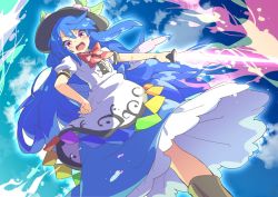 Rule 34 | apron, black hat, blouse, blue bow, blue hair, blue skirt, bow, bowtie, brown footwear, buttons, cross-laced footwear, dress shirt, food, frills, fruit, hat, hinanawi tenshi, keystone, leaf, long hair, neck ribbon, peach, puffy short sleeves, puffy sleeves, rainbow gradient, rainbow order, red bow, red eyes, ribbon, shirt, shoes, short sleeves, skirt, sword of hisou, tanasuke, touhou, white shirt, wing collar