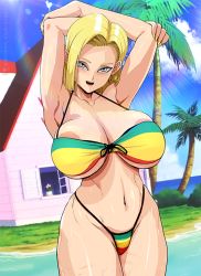 Rule 34 | 1girl, alternate breast size, android 18, aqua eyes, areola slip, armpits, arms behind head, arms up, ass, bare shoulders, beach, belly, bikini, blonde hair, blue eyes, blurry, blush, bob cut, breasts, cloud, collarbone, cowboy shot, curvy, day, depth of field, dragon ball, dragonball z, dutch angle, earrings, facing viewer, female focus, flower pot, front-tie bikini top, front-tie top, grass, green bikini, highleg, highleg bikini, hoop earrings, house, huge ass, island, jewelry, kame house, krabbytheartist, large areolae, large breasts, legs together, lens flare, long hair, looking at viewer, mature female, micro bikini, midriff, multicolored bikini, multicolored clothes, nail polish, navel, ocean, open mouth, outdoors, plant, potted plant, red bikini, seductive smile, shiny skin, short hair, sky, smile, solo, standing, swimsuit, underboob, water, weather vane, wet, window, yellow bikini, yellow nails