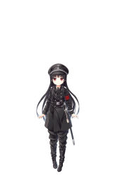 Rule 34 | 1girl, absurdres, armband, black footwear, black hair, black hat, black jacket, black necktie, black pants, blush, boots, closed mouth, collared shirt, cura, full body, hachiroku (maitetsu), hat, highres, jacket, knee boots, long hair, looking at viewer, maitetsu, military hat, military jacket, nazi, necktie, negative space, pants, peaked cap, pigeon-toed, red eyes, sheath, sheathed, shirt, simple background, smile, solo, sword, totenkopf, very long hair, weapon, white background, white shirt