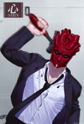 Rule 34 | 1boy, arm up, artist name, black jacket, black necktie, blood, blood on clothes, blurry, collarbone, collared shirt, commentary request, dorohedoro, dress shirt, formal, getterark, hammer, highres, holding, holding hammer, holding weapon, jacket, long sleeves, looking at viewer, male focus, mask, necktie, open clothes, open jacket, red eyes, shin (dorohedoro), shirt, solo, suit, upper body, weapon, white shirt, wing collar