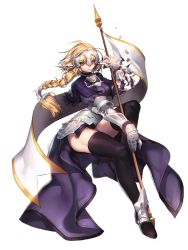 Rule 34 | 1girl, armor, armored dress, black thighhighs, blonde hair, blue eyes, braid, dress, fate/apocrypha, fate/stay night, fate (series), flag, full body, gauntlets, headpiece, jeanne d&#039;arc (fate), jeanne d&#039;arc (ruler) (fate), long hair, looking at viewer, matsuki ringo, metal gloves, purple dress, sitting, solo, thighhighs, transparent background, very long hair, zettai ryouiki