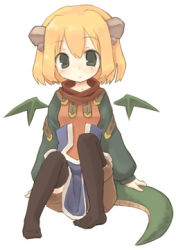 Rule 34 | 1girl, 7010, blonde hair, dragon girl, dragon tail, green eyes, horns, lowres, monster girl, solo, tail, thighhighs, wings