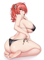 Rule 34 | 1girl, absurdres, ass, azur lane, barefoot, bikini, breasts, butt crack, feet, highres, large breasts, long hair, looking at viewer, one eye closed, red hair, seiza, sitting, soles, swimsuit, toes, wink, yellow eyes, zara (azur lane)