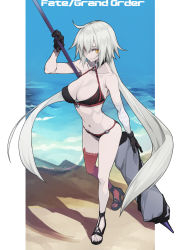 Rule 34 | 10mo, 1girl, ahoge, bare shoulders, beach, bikini, black bikini, black gloves, black jacket, blue sky, breasts, choker, cleavage, collarbone, cropped jacket, fate/grand order, fate (series), flag, full body, gloves, highres, jacket, jeanne d&#039;arc alter (swimsuit berserker) (fate), jeanne d&#039;arc (fate), jeanne d&#039;arc alter (fate), jeanne d&#039;arc alter (swimsuit berserker) (fate), large breasts, long hair, looking at viewer, navel, o-ring, o-ring bikini, ocean, polearm, red thighhighs, sandals, shore, silver hair, single thighhigh, sky, solo, swimsuit, thigh strap, thighhighs, thighs, very long hair, weapon, yellow eyes