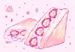 Rule 34 | commentary request, cream, dated, food, food focus, fruit, highres, kiato, no humans, original, pink background, signature, simple background, sparkle, strawberry, strawberry sandwich, strawberry slice