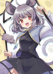 Rule 34 | 1girl, absurdres, animal ears, blue capelet, blush, breasts, capelet, commentary request, cowboy shot, crystal, dowsing rod, grey hair, grey skirt, grey vest, highres, jewelry, long sleeves, looking at viewer, mouse (animal), mouse ears, mouse girl, mouse tail, nazrin, open mouth, pendant, red eyes, reijiro, shirt, short hair, skirt, skirt set, small breasts, smile, solo, tail, touhou, vest, white shirt
