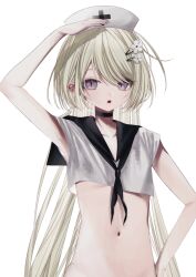 Rule 34 | 1girl, arm up, black choker, black sailor collar, blonde hair, blush, breasts, choker, crop top, flower, hair flower, hair ornament, hairclip, hat, highres, long hair, looking at viewer, msa (fary white), navel, nurse cap, open mouth, original, purple eyes, sailor collar, shirt, simple background, slit pupils, small breasts, solo, underboob, upper body, very long hair, white background, white hat, white shirt