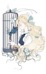 Rule 34 | 1girl, bird, birdcage, blonde hair, blue bow, blue vest, bluebird, blush, bow, braid, cage, chinese commentary, closed eyes, closed mouth, collared dress, commentary request, dress, flower, from side, hair bow, leaf, long hair, long sleeves, maobing maobing, multiple hair bows, original, plant, puffy long sleeves, puffy sleeves, rose, smile, solo, stamp mark, upper body, very long hair, vest, vines, white background, white dress, white flower, white rose