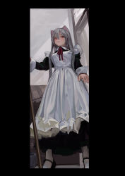 Rule 34 | 1girl, apron, black border, black dress, border, broom, closed mouth, dress, feiqizi (fkey), fkey, highres, holding, holding broom, looking at viewer, maid, maid apron, neck ribbon, original, pantyhose, red ribbon, ribbon, solo, standing, white apron, white pantyhose