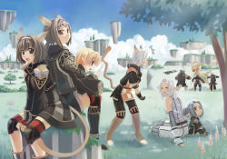 Rule 34 | 00s, 4boys, 6+girls, ^^^, animal ears, armor, bad id, bad pixiv id, battle, between legs, blonde hair, blush, brown eyes, brown hair, cat girl, cat tail, circlet, cloud, day, death, elf, elvaan, fighting stance, final fantasy, final fantasy xi, floating island, galka, gloves, grass, griffin, hairband, hand between legs, hume, long hair, looking at another, looking at viewer, mithra (ff11), multiple boys, multiple girls, naruse chisato, ninja (final fantasy), pointy ears, ponytail, short hair, short twintails, sitting, sitting on lap, sitting on person, sky, surprised, tail, tarutaru, tree, twintails, white hair