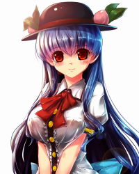 Rule 34 | 1girl, alternate breast size, blue hair, blush, breasts, female focus, food, fruit, hat, hinanawi tenshi, large breasts, leaf, lens flare, long hair, looking at viewer, peach, red eyes, ryuuzaki ichi, simple background, smile, solo, touhou