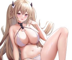 Rule 34 | 1girl, absurdres, alternate costume, anchorage (azur lane), azur lane, bare arms, bare legs, bare shoulders, bikini, black choker, breasts, brown hair, choker, cleavage, feet out of frame, frilled bikini, frills, hair ornament, halterneck, hand up, highres, knee up, large breasts, long hair, looking at viewer, multi-strapped bikini, navel, open mouth, pink eyes, revision, shenqi (toid310), simple background, sitting, skindentation, smile, solo, stomach, string bikini, swimsuit, thighs, two side up, very long hair, wet, white background, white bikini
