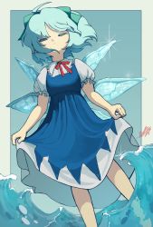 Rule 34 | 1girl, ahoge, aqua bow, blue background, blue dress, blue hair, blue wings, border, bow, breasts, cirno, closed eyes, closed mouth, commentary, doggo 1d34, dress, dutch angle, english commentary, facing viewer, fairy, fairy wings, feet out of frame, floating hair, frilled shirt, frilled shirt collar, frilled sleeves, frills, glint, hair bow, highres, ice, ice wings, mixed-language commentary, neck ribbon, outdoors, outside border, pinafore dress, puffy short sleeves, puffy sleeves, red ribbon, ribbon, shirt, short hair, short sleeves, signature, skirt hold, sleeveless dress, small breasts, solo, sparkle, standing, touhou, wading, water, waves, white border, white shirt, wind, wings