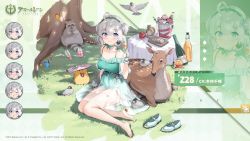 Rule 34 | 1girl, ahoge, apple, azur lane, bare shoulders, barefoot, bird, blue hair, blush, bottle, bucket, character name, chick, closed mouth, collarbone, commentary request, copyright name, cup, deer, dot nose, dress, expressions, flower, food, fruit, gloves, green dress, grey hair, hair flower, hair ornament, hairband, holding, holding tray, kanzarin, looking at viewer, manjuu (azur lane), official alternate costume, official art, rabbit, raccoon, see-through, shoes, unworn shoes, soda bottle, squirrel, tray, tree, white gloves, wine bottle, z28 (azur lane), z28 (sylvan celebration) (azur lane)