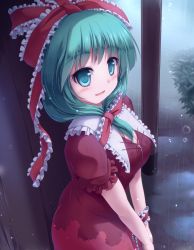 Rule 34 | 1girl, aqua eyes, aqua hair, bow, breasts, cleavage, commentary request, dress, front ponytail, hair bow, highres, kagiyama hina, large breasts, long hair, looking at viewer, lzh, open mouth, rain, red dress, ribbon, shelter, smile, solo, touhou, wrist ribbon
