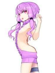 Rule 34 | 1girl, absurdres, ass, bare shoulders, butt crack, commentary request, flat chest, from side, hair ornament, highres, long hair, meme attire, pink eyes, pink hair, pon (shind 997), purple hair, simple background, solo, thigh strap, tongue, tongue out, twintails, virgin killer sweater, vocaloid, voiceroid, white background, yuzuki yukari