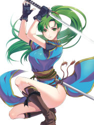 Rule 34 | 1girl, breasts, dress, earrings, fingerless gloves, fire emblem, fire emblem: the blazing blade, gloves, green eyes, green hair, high ponytail, highres, jewelry, kokouno oyazi, large breasts, long hair, looking at viewer, lyn (fire emblem), nintendo, no panties, ponytail, smile, solo, sword, very long hair, weapon