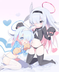Rule 34 | 2girls, animal hands, arona (blue archive), baise ming, black eyes, black hairband, black panties, black sailor collar, black shirt, black thighhighs, blue archive, blue eyes, blue hair, blue halo, blue panties, blue shirt, blunt bangs, blush, bow, bow hairband, braid, breasts, colored inner hair, commentary, cropped shirt, flat chest, full body, gloves, hair over one eye, hair ribbon, hairband, halo, heart, highres, kneeling, light blue hair, long hair, long sleeves, multicolored hair, multiple girls, navel, neckerchief, no shoes, open mouth, panties, paw gloves, pink hair, pink halo, plana (blue archive), ribbon, sailor collar, sailor shirt, shirt, short hair, single braid, sitting, small breasts, teeth, thighhighs, two-tone hair, underwear, upper teeth only, wariza, white bow, white hairband, white neckerchief, white ribbon, white sailor collar, white thighhighs, wide sleeves