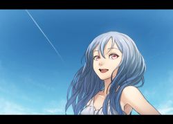 Rule 34 | 1girl, :d, armpit peek, bare shoulders, blue hair, blue sky, breasts, cloud, commentary request, contrail, day, dress, hair over shoulder, letterboxed, long hair, looking at viewer, medium breasts, open mouth, original, pink eyes, sky, smile, solo, sugi 214, white dress