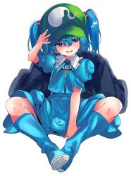 Rule 34 | 1girl, absurdres, bad id, bad twitter id, blue eyes, blue footwear, blue hair, blue skirt, blush, boots, full body, green hat, hair bobbles, hair ornament, hat, highres, kawashiro nitori, looking at viewer, pocket, short sleeves, simple background, sitting, skirt, smile, solo, swimsuit, swimsuit under clothes, touhou, two side up, white background, zuwatake
