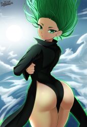 Rule 34 | 1girl, absurdres, ass, between buttocks, black dress, crossed arms, dress, floating, floating hair, green eyes, green hair, hammerofsolace, highres, huge ass, long sleeves, looking at viewer, looking back, no panties, one-punch man, sky, solo, sun, tatsumaki, thick thighs, thighs