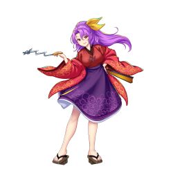 Rule 34 | 1girl, breasts, brown footwear, folded fan, folding fan, full body, game cg, geta, hair ribbon, hand fan, highres, holding, holding fan, holding smoking pipe, kiseru, komakusa sannyo, long hair, looking at viewer, medium breasts, open mouth, ponytail, purple hair, purple skirt, red eyes, red robe, ribbon, robe, rotte (1109), simple background, skirt, smile, smoking pipe, solo, third-party source, touhou, touhou lostword, white background, wide sleeves, yellow ribbon