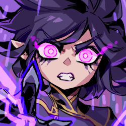 Rule 34 | 1girl, angry, clenched teeth, hair between eyes, incoming attack, league of legends, long hair, looking at viewer, morgana (league of legends), phantom ix row, pointy ears, purple eyes, purple hair, sidelocks, simple background, solo, teeth, upper body, v-shaped eyebrows