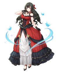 Rule 34 | 1girl, absurdres, bare shoulders, black footwear, black gloves, black hair, blue eyes, blue flower, blue rose, bow, breasts, cleavage, closed mouth, collarbone, commentary request, copyright request, dress, drill hair, flower, frilled dress, frills, full body, gloves, hair bow, harimoji, high heels, highres, horns, large breasts, long hair, origami, paper crane, red bow, red dress, rose, shoes, simple background, single horn, solo, standing, very long hair, white background