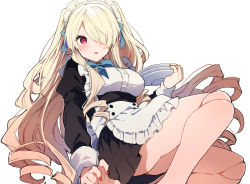 Rule 34 | 1girl, apron, black dress, blonde hair, blue bow, blue bowtie, blush, bow, bowtie, breasts, commentary request, doll joints, dress, frilled apron, frills, hair over one eye, highres, holding, holding plate, ikeuchi tanuma, joints, large breasts, long hair, long sleeves, maid, maid headdress, nail polish, original, parted lips, plate, red eyes, red nails, sidelocks, simple background, solo, twitter username, white apron, white background
