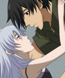 Rule 34 | 1boy, 1girl, black hair, couple, darker than black, eye contact, frown, hei (darker than black), hetero, looking at another, silver hair, yin (darker than black)