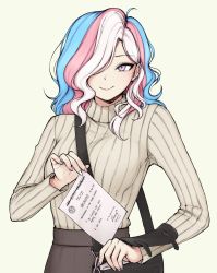Rule 34 | 1boy, bag, blue eyes, blue hair, document, ear piercing, eleonore (pas (paxiti)), english text, gradient eyes, hair over one eye, handbag, highres, holding, holding paper, lgbt pride, multicolored eyes, multicolored hair, nail polish, paper, pas (paxiti), piercing, pink eyes, pink hair, signature, simple background, smile, solo, stamp, standing, sweater, transgender, transgender flag, turtleneck, turtleneck sweater, wavy hair, white hair