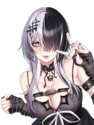 Rule 34 | 1girl, :p, alternate hairstyle, black choker, black dress, black hair, black nails, blush, breast strap, breasts, choker, cleavage, cross, cross earrings, crossed bangs, dress, earrings, fingernails, grey hair, hair ornament, hair over one eye, highres, hololive, hololive english, jewelry, lace, lace choker, large breasts, long bangs, long fingernails, long hair, looking at viewer, multicolored hair, multiple rings, nail polish, one eye covered, parted lips, ring, shiori novella, shiori novella (1st costume), simple background, sleeveless, sleeveless dress, solo, split-color hair, striped arm warmers, tongue, tongue out, tsukki1029, two-tone hair, upper body, v, virtual youtuber, white background, yellow eyes