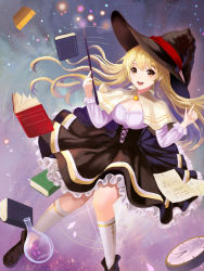 Rule 34 | 1girl, :d, absurdres, black dress, black footwear, blonde hair, book, bottle, breasts, brown eyes, cleavage, clock, dew (7302235), dress, hat, highres, index finger raised, long hair, looking at viewer, md5 mismatch, open mouth, papers, resolution mismatch, shoes, smile, solo, source smaller, stopwatch, wand, watch, white legwear, witch, witch hat