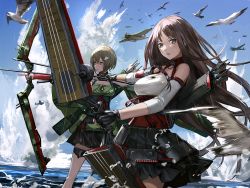 Rule 34 | 2girls, aircraft, arrow (projectile), bell, bird, black gloves, black skirt, bow, bow (weapon), braid, breasts, brown eyes, brown hair, closed mouth, cloud hair ornament, day, detached sleeves, explosion, fingerless gloves, flight deck, gloves, grey eyes, hair ornament, hairclip, infukun, long hair, looking at viewer, looking to the side, machinery, miniskirt, multiple girls, obi, ocean, official art, outdoors, parted lips, pleated skirt, quiver, remodel (warship girls r), sash, seagull, short hair, shoukaku (warship girls r), skirt, splashing, standing, standing on liquid, upper body, warship girls r, water, weapon, zuikaku (warship girls r)